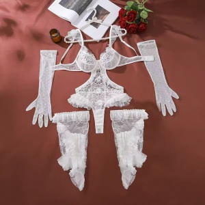 Set lenjerie intima sexy din dantela cu manusi si ciorapi inalti, alb, 3 piese #BB4755 - Img 9