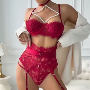 Set lenjerie intima sexy din dantelă cu perle decorative la sutien, vișiniu, 3 piese #BB4734 - Img 4