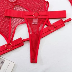 Set lenjerie intima sexy din dantela elastica tip plasa, rosu, 5 piese #BB4661 - Img 15