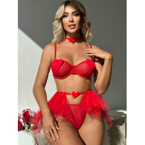 Set lenjerie intima sexy din dantela elastica, tul, inimioare, rosu, 4 piese #BB4238 - Img 1