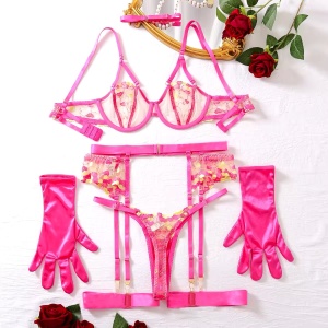 Set lenjerie intima sexy din dantela fina brodata, inimioare decorative si manusi, roz neon, 6 piese #BB4713 - Img 12