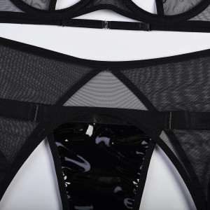 Set lenjerie intima sexy din dantela finala elastica si piele ecologica, negru, 5 piese #BB4196 - Img 13