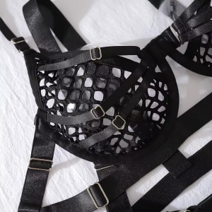 Set lenjerie intima sexy din dantela tip plasa si benzi, ciorapi inalti, negru, 5 piese #BB4396 - Img 10