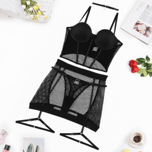 Set lenjerie intima sexy din plasa elastica, corset cu burete, negru, 4 piese #BB4347 - Img 14