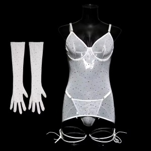 Set lenjerie intima sexy elastica cu cristale decorative si manusi lungi, alb, 3 piese #BB4628 - Img 10