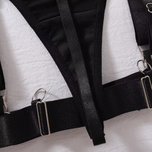 Set lenjerie intima sexy elastica cu decupaje la slip si sutien, catarame decorative, negru, 4 piese #BB4480 - Img 15