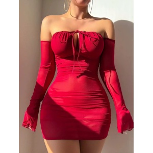 Set lenjerie intima sexy elastica, cu rochie, maneci lungi si chilot, rosu visiniu, 3 piese #BB4539 - Img 2