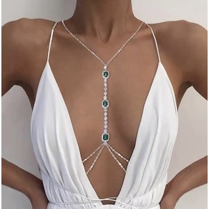 Body chain pentru bust cu cristale si lantisor, argintiu #BB4164 - Img 2