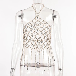 Body chain tip bustiera cu lanturi si cristale transparente, auriu #BB4120 - Img 6