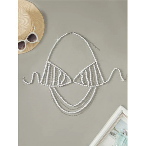 Body chain tip sutien cu lanturi argintii si perle albe #BB1142 - Img 6