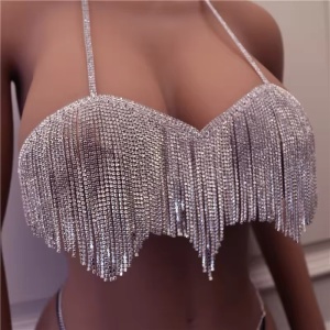Body chain tip sutien metalic cu cristale transparente, argintiu #BB4707 - Img 1