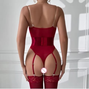 Body sexy cu bretele transparente si accesoriu talie cu prindere portjartier, visiniu, 3 piese #BB4561 - Img 7