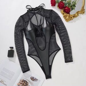 Body sexy din plasa fina elastica si piele ecologica, negru #BB4757 - Img 8