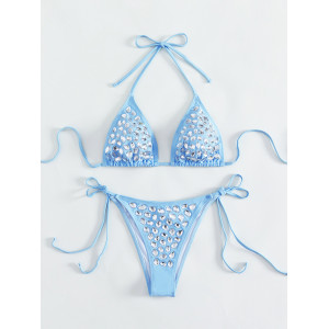 Costum de baie 2 piese cu cristale transparente aplicate pe slip si sutien, albastru/ bleu #BB2005 - Img 3