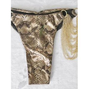 Costum de baie 2 piese metalizat, imprimeu sarpe si lanturi decorative aurii, maro/ auriu #BB2360 - Img 13
