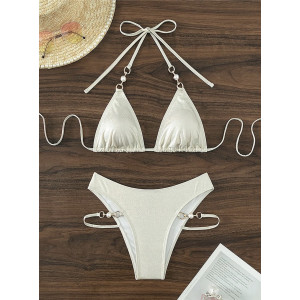 Costum de baie 2 piese sidefat cu elemente metalice si perle decorative, auriu/ nude #BB2549 - Img 9