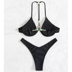 Costum de baie 2 piese, sutien cu cristale decorative la spate si slip tanga, negru #BB2211 - Img 3