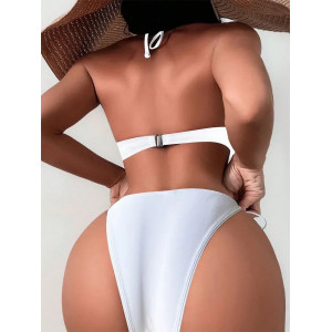 Costum de baie 2 piese, sutien cu push-up si perle albe decorative, slip brazilian reglabil, alb #BB2144 - Img 2