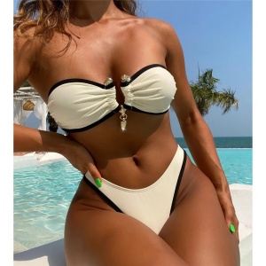 Costum de baie 2 piese, sutien fara bretele cu accesoriu metalic auriu , bej/nude #BB2120 - Img 7