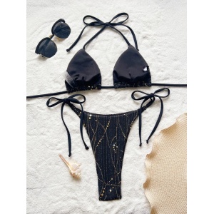Costum de baie 2 piese texturat cu insertii aurii si slip reglabil, negru #BB2063 - Img 4