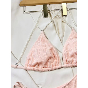 Costum de baie 2 piese texturat, cu slip reglabil si perle decorative la sutien, roz #BB2274 - Img 4