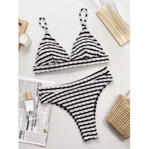 Costum de baie 2 piese texturat, in dungi, slip cu talie inalta, alb/negru #BB2355 - Img 2