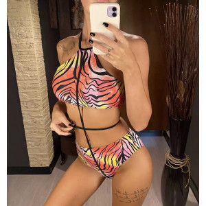 Costum de baie 2 piese unite in fata cu snur, imprimeu zebra, multicolor #BB2074 - Img 2