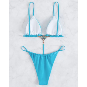 Costum de baie 2 piese unite la spate, cristale decorative si slip brazilian, albastru #BB2459 - Img 4