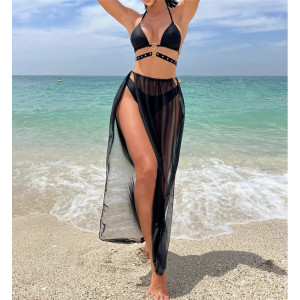 Costum de baie 3 piese cu fusta lunga, slip normal, sutien cu elemente metalice, negru #BB2125 - Img 6