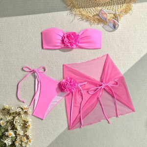 Costum de baie 3 piese cu fusta scurta, sutien fara bretele si trandafiri mari decorativi, roz #BB2052 - Img 2