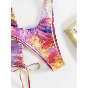 Costum de baie 3 piese cu fusta, snururi reglabile, sutien decorat cu cercuri metalice, roz/multicolor #BB2137 - Img 15