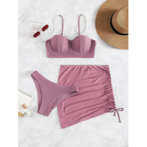 Costum de baie 3 piese cu push-up, fusta ecurta cu snur reglabil, sutien cu perle decorative, roz #BB2557 - Img 2