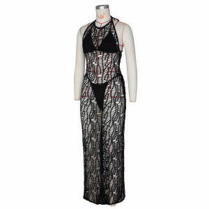 Costum de baie 3 piese cu rochie lunga crosetata, cu spatele gol, slip tanga, negru #BB2013 - Img 7