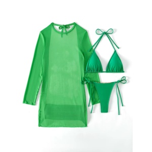 Costum de baie 3 piese cu rochie lungă și pietre decorative la slip, verde #BB2146 - Img 3
