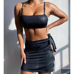 Costum de baie 3 piese metalizat, fusta cu decupaj lateral, sutien tip bustiera, negru #BB2371 - Img 5