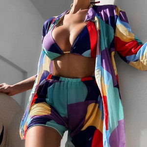 Costum de baie 4 piese cu camasa si pantalon scurt, imprimeu multicolor #BB2131 - Img 1