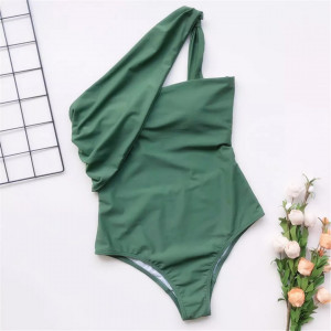 Costum de baie intreg sexy, pe un umar, cu decupaj la spate, verde khaki #BB1089 - Img 5