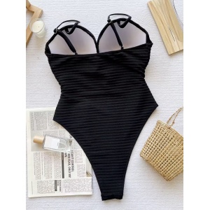 Costum de baie intreg texturat cu cupe tari și decupaj în zona bustului, negru #BB1202 - Img 5