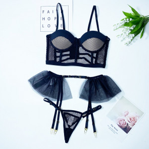 Lenjerie intima sexy, set 3 piese, sutien, chilot si accesoriu portjartiera, negru #BB4031 - Img 9