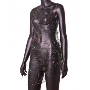 Rochie de paja scurta din plasa cu cristale decorative, negru #BB1080 - Img 4