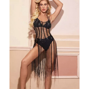 Rochie de plaja midi crosetata fin cu franjuri lungi si strasuri argintii, negru #BB1104 - Img 1