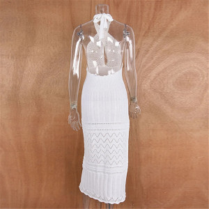 Rochie de plaja midi tricotata cu prindere dupa gat, decolteu si spatele gol, alb #BB1069 - Img 7
