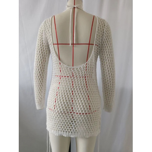 Rochie de plaja scurta tricotata, cu maneca lunga si spatele gol, alb #BB2044 - Img 5