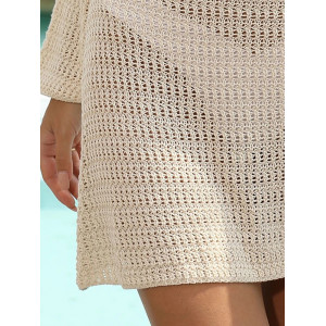 Rochie de plaja scurta tricotatata, cu maneci lungi evazate si decupaje, bej #BB1056 - Img 12