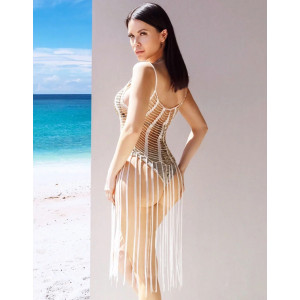 Rochie de plaja sexy, crosetata, cu franjuri si insertii argintii, alb #BB1188 - Img 5