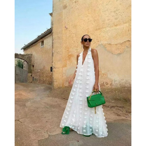Rochie lunga de plaja vaporoasa, oversize, cu spatele gol si broderie in relief, alb #BB1022 - Img 12