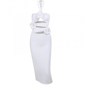 Rochie midi mulata cu decupaje si trandafiri decorativi, alb #BB1033 - Img 12