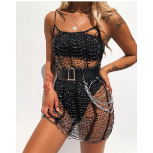 Rochie scurta de plaja crosetata fin, cu franjuri orizontale si strasuri argintii, negru #BB1106 - Img 2
