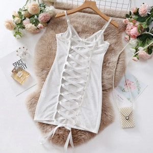 Rochie sexy de noapte din dantela fina elastica cu snur reglabil la spate, alb #BB4126 - Img 16