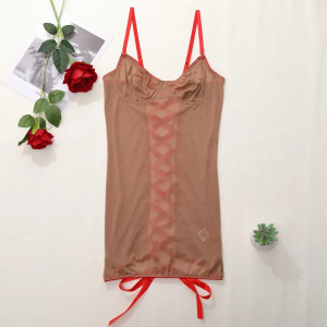 Rochie sexy de noapte din dantela fina elastica cu snur reglabil la spate, nude/rosu #BB4284 - Img 7